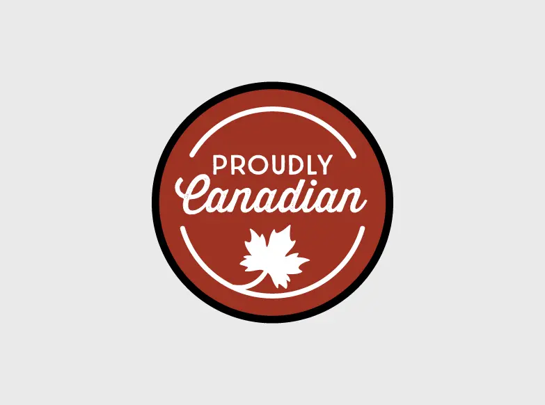 Proudly Canadian packaging badge with maple leaf