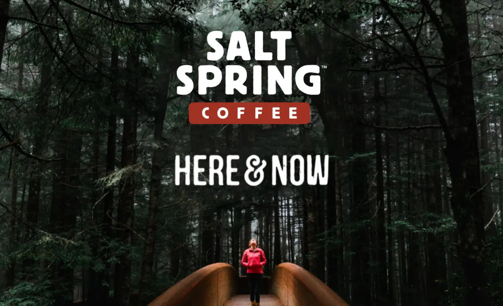 Salt Spring Coffee Here and Now video still with person on bridge