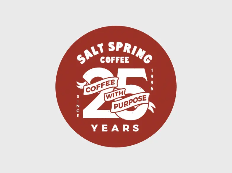 Salt Spring Coffee 25 Years With Purpose anniversary package sticker