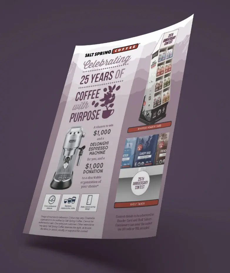 Salt Spring Coffee grocery store display activator flyer