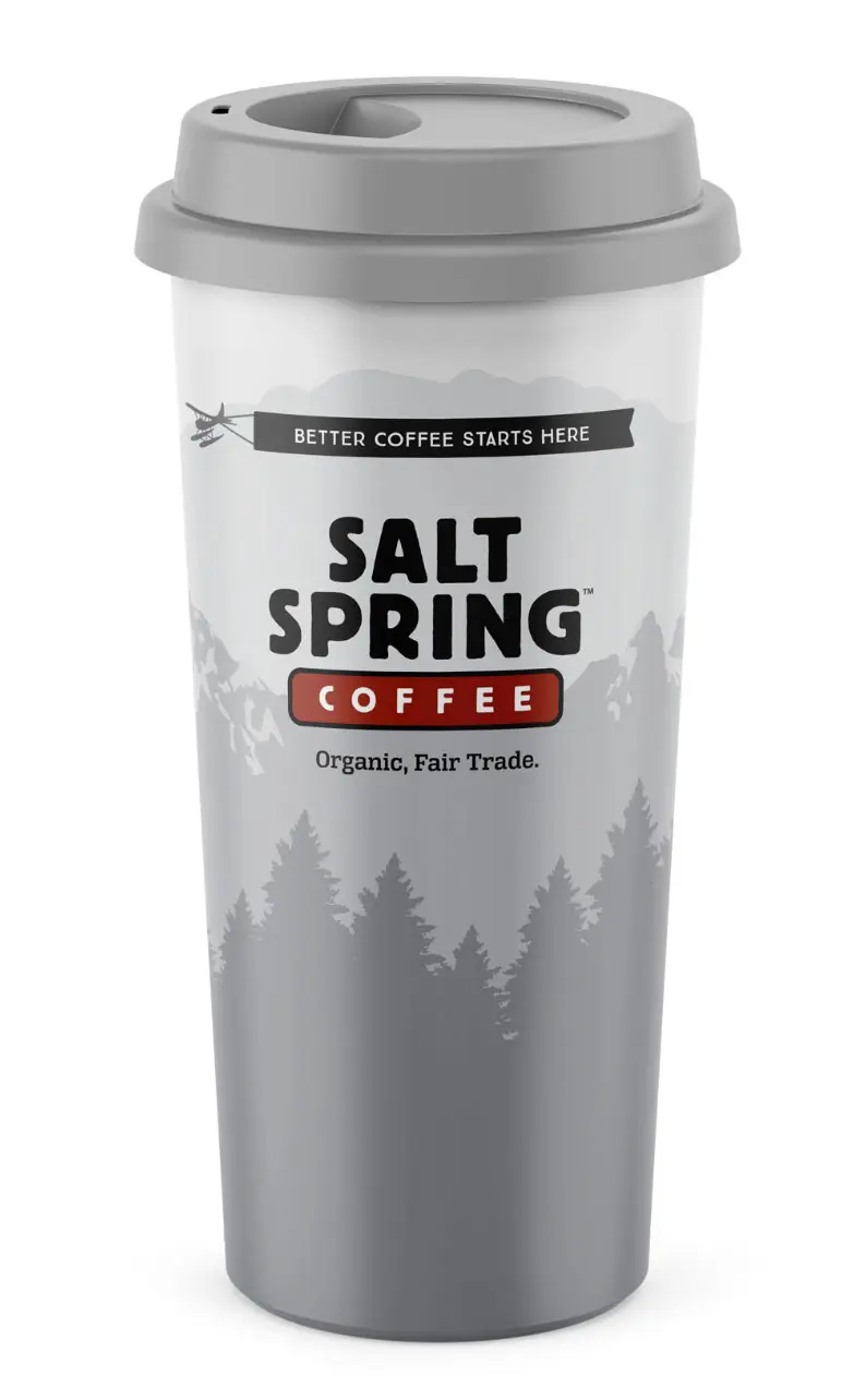 Salt Spring Coffee branded reusable plastic mug design