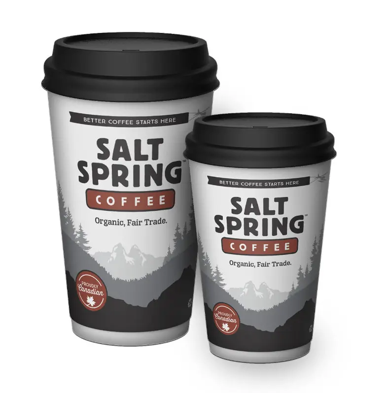 Salt Spring Coffee packaging and branded coffee cup designs