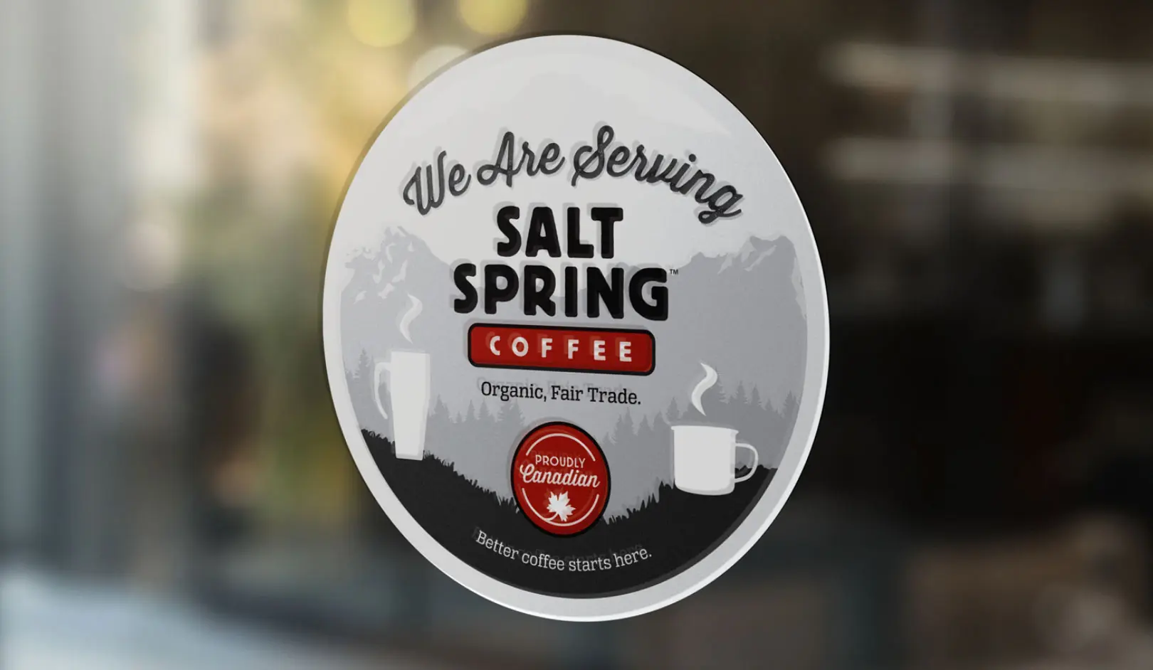 Salt Spring Coffee "We Are Serving" window sticker for retail location