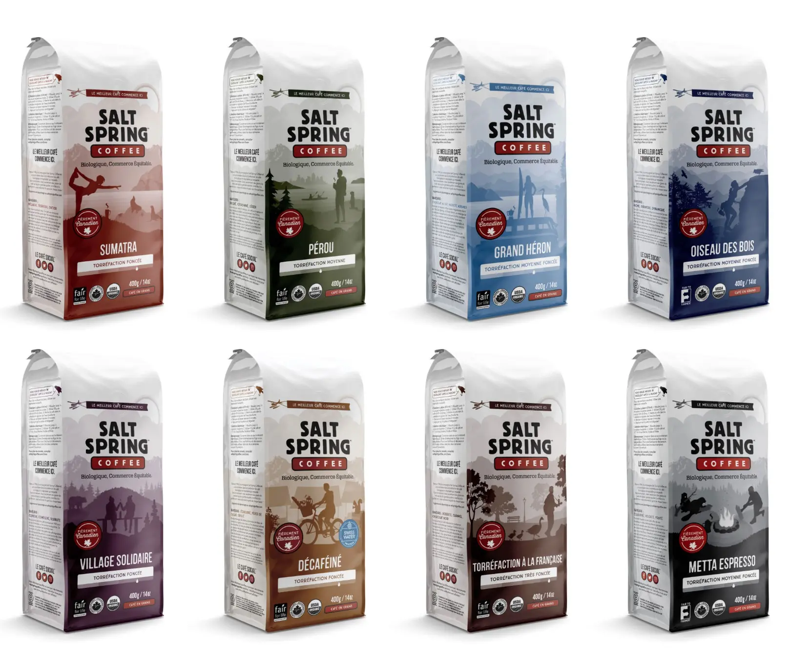 Salt Spring Coffee illustrated coffee bag packaging