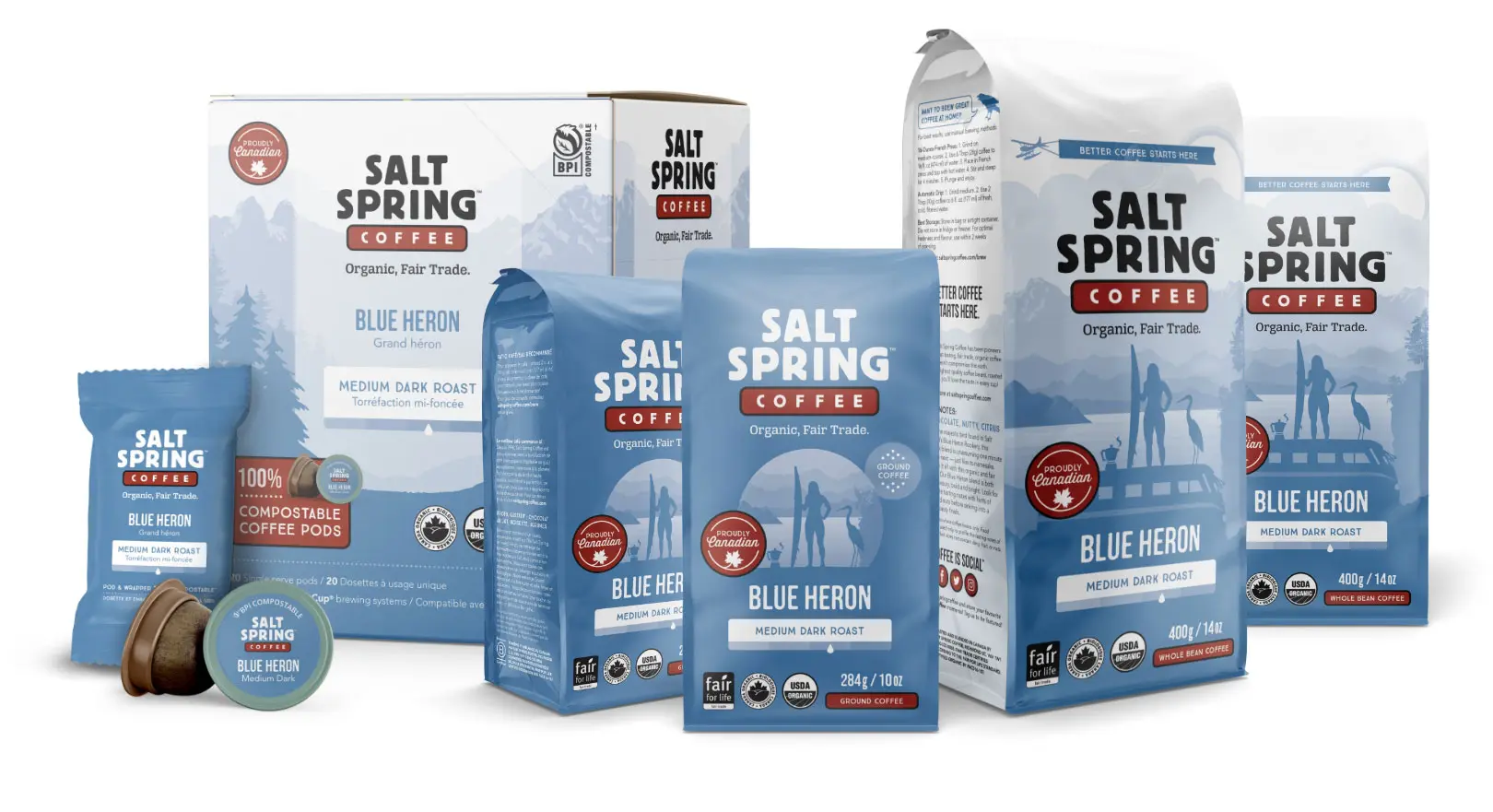 Salt Spring Coffee packaging designs for various products
