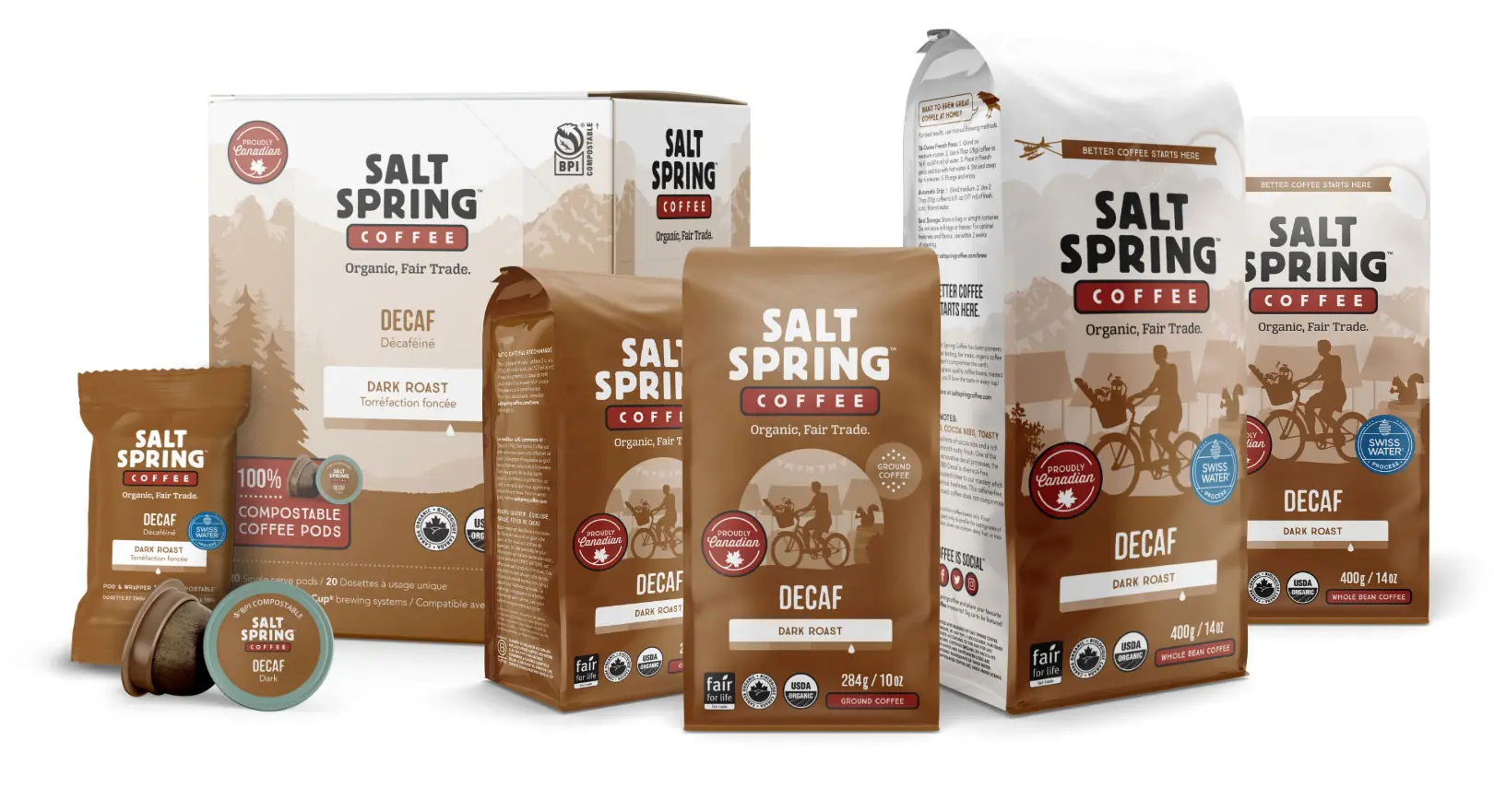 Salt Spring Coffee packaging designs for various products