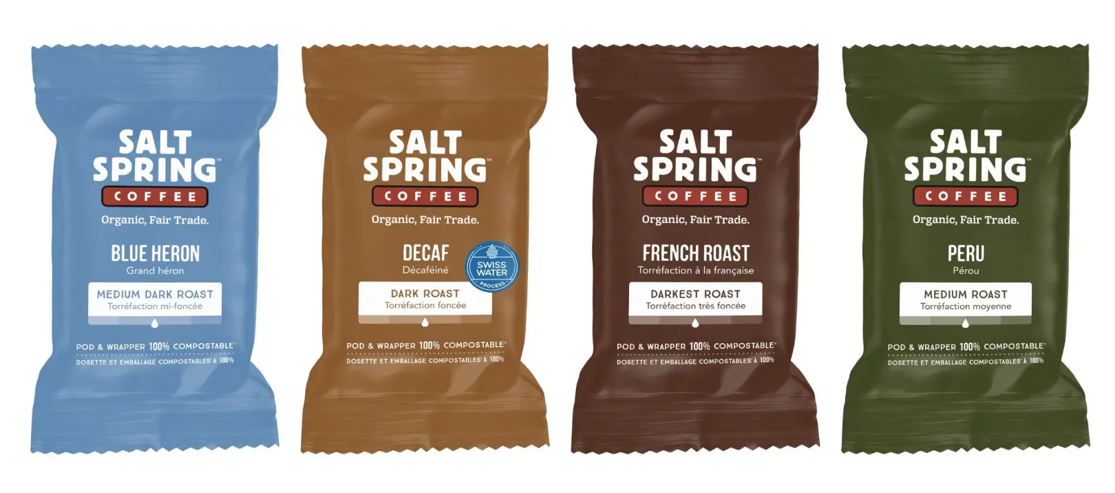 Salt Spring Coffee branded coffee pods and packaging
