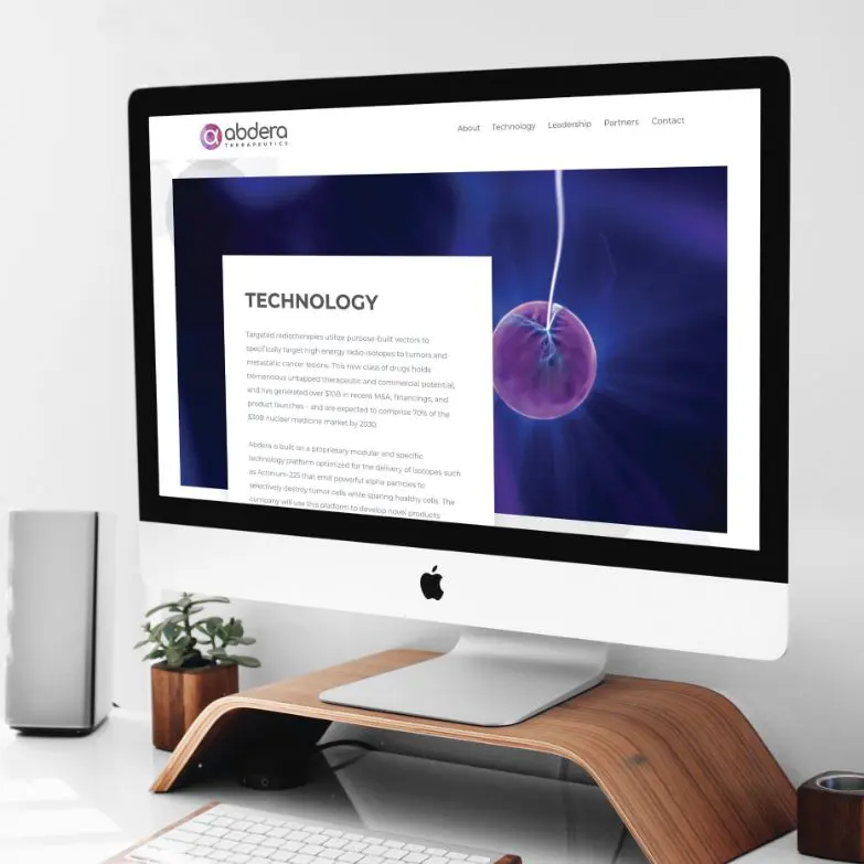 Abdera Therapeutics website technology page shown on desktop monitor