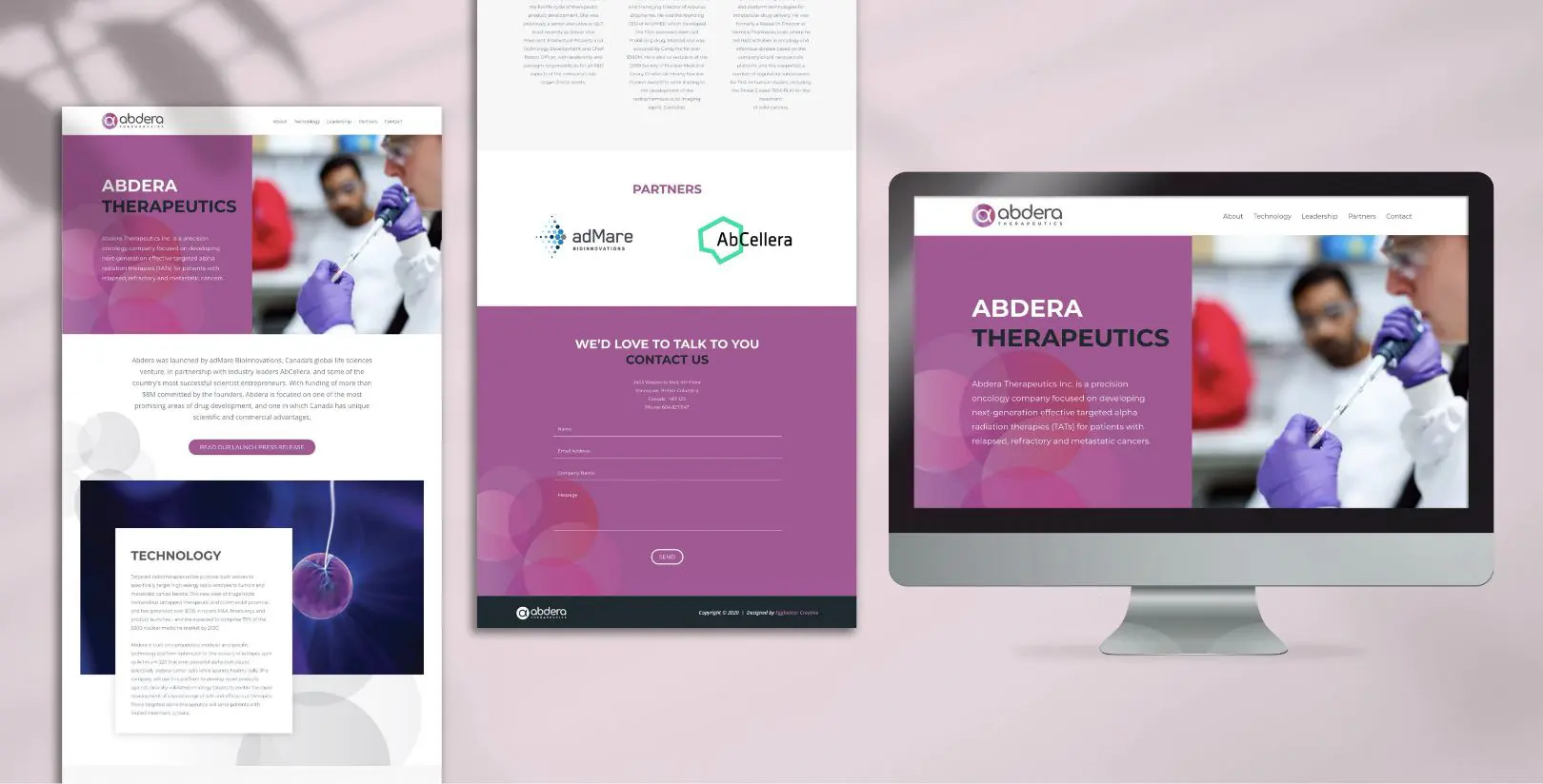 Abdera Therapeutics website designs shown across desktop and full-page layouts