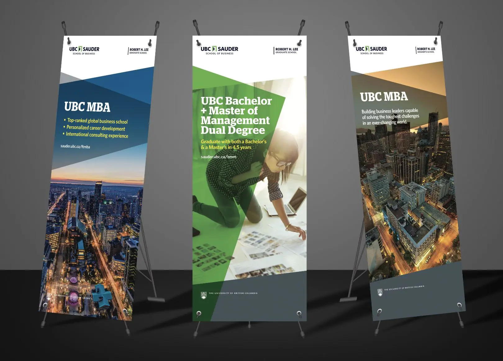 Standup banners designed for a UBC Sauder School of Business recruitment event
