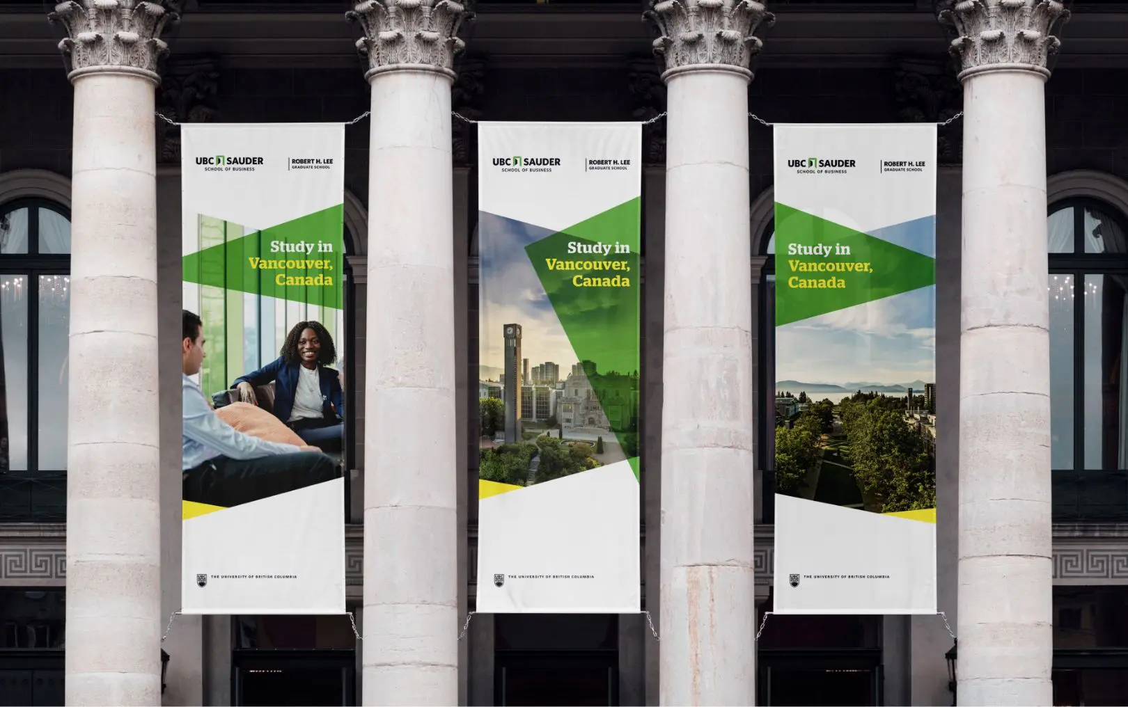 Large hanging banners designed for UBC Sauder School of Business