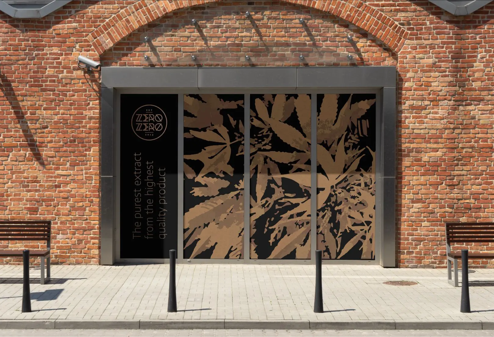 Zero Zero storefront window graphics with branded pattern and messaging
