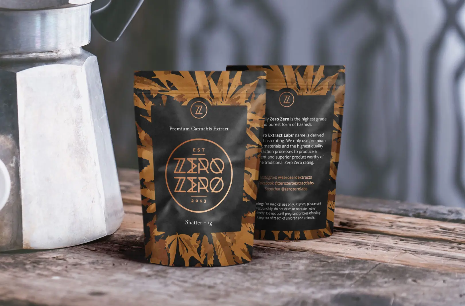 Zero Zero product pouch packaging with dark botanical pattern