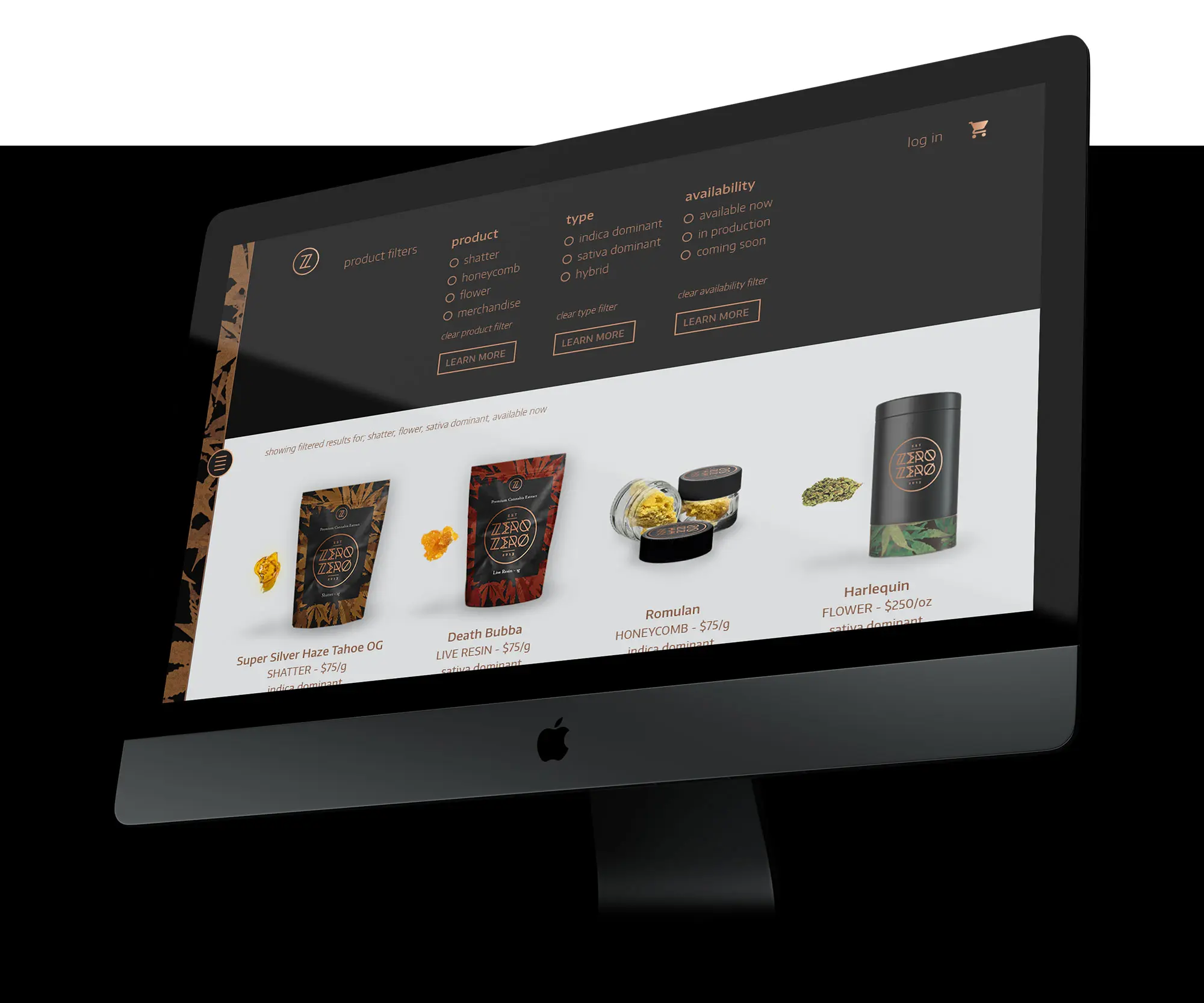 Zero Zero website product filter page shown on desktop computer