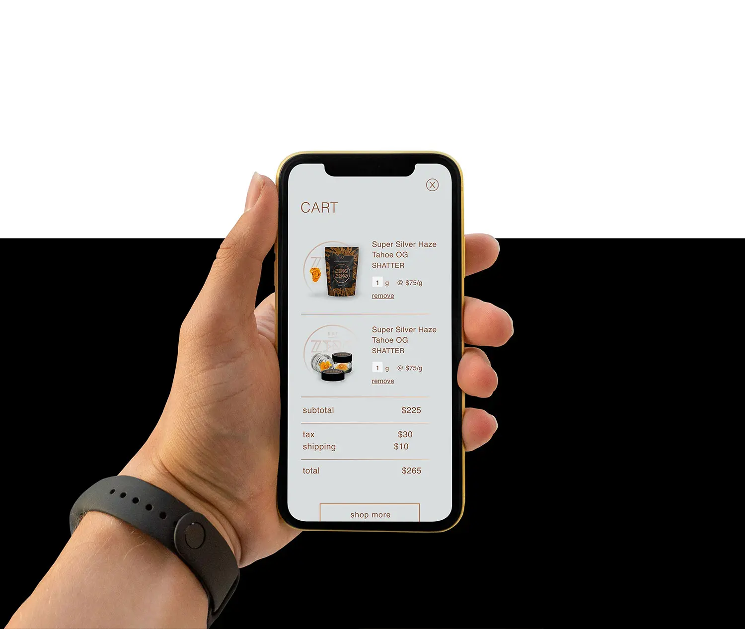Mobile view of Zero Zero website shopping cart page