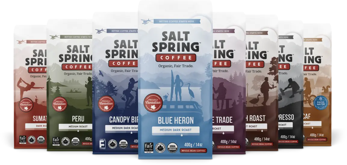 Salt Spring Coffee retail coffee packaging lineup