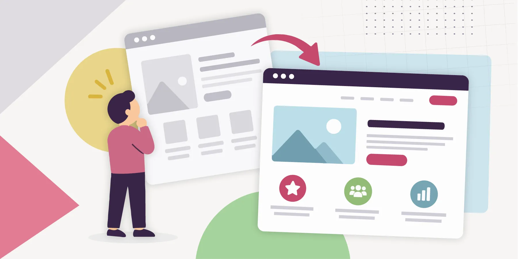 BLOG-HowDoIKnowWebsiteNeedsaRedesign Illustration of a person deciding on how to update their website.